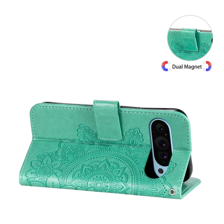 For Google Pixel 9 Seven-petal Flowers Embossing Leather Phone Case(Green)