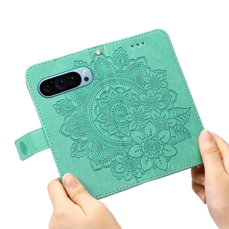 For Google Pixel 9 Seven-petal Flowers Embossing Leather Phone Case(Green)