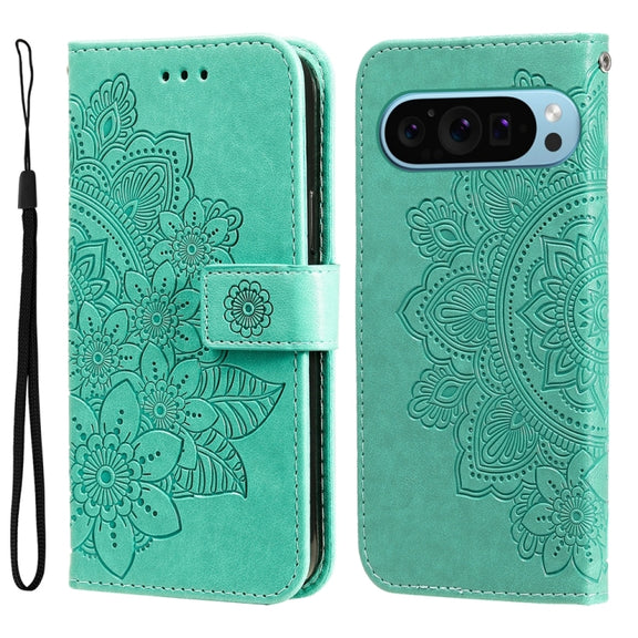 For Google Pixel 9 Seven-petal Flowers Embossing Leather Phone Case(Green)