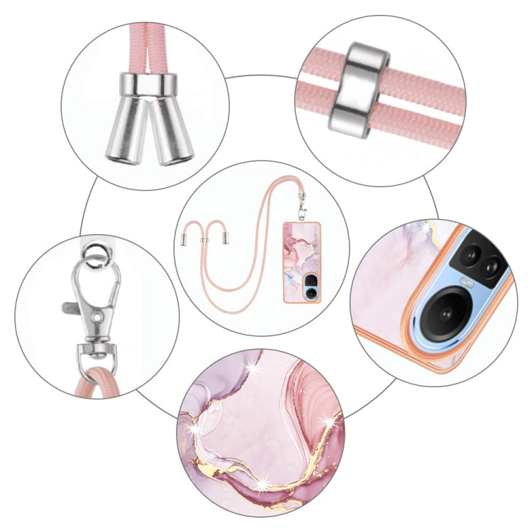 For OPPO Reno10 5G Global Electroplating Marble Dual-side IMD Phone Case with Lanyard(Rose Gold 005)