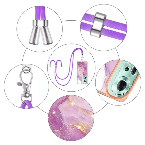 For OPPO Reno11 5G Global Electroplating Marble Dual-side IMD Phone Case with Lanyard(Purple 001)