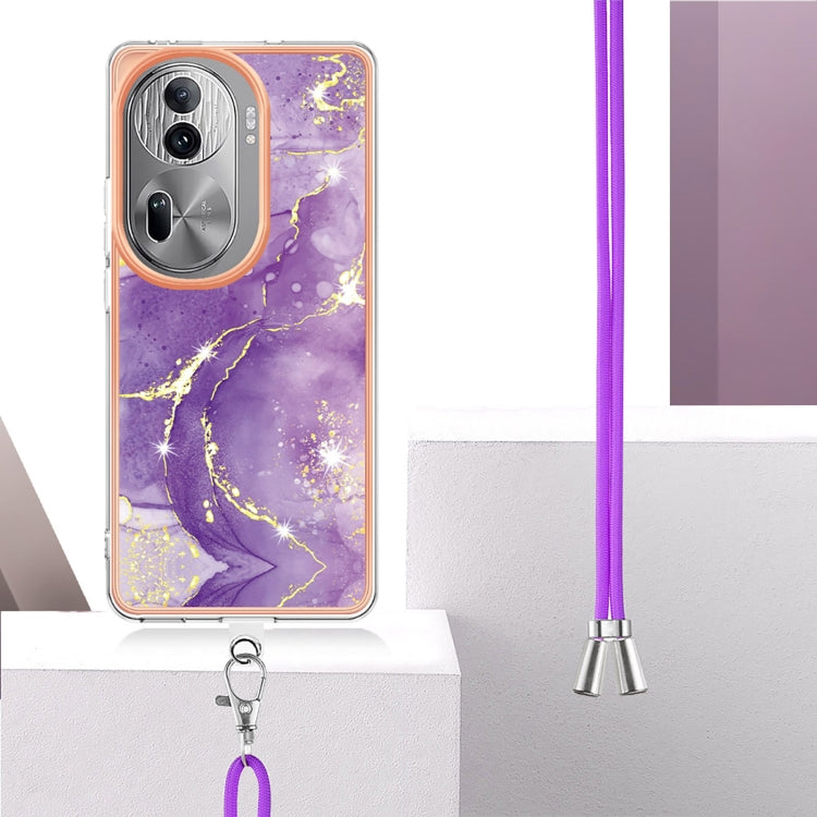 For OPPO Reno11 Pro 5G Global Electroplating Marble Dual-side IMD Phone Case with Lanyard(Purple 002)