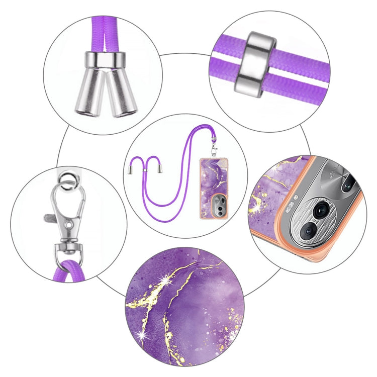For OPPO Reno11 Pro 5G Global Electroplating Marble Dual-side IMD Phone Case with Lanyard(Purple 002)