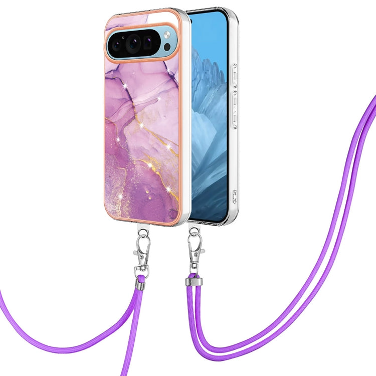 For Google Pixel 9 / 9 Pro Electroplating Marble Dual-side IMD Phone Case with Lanyard(Purple 001)