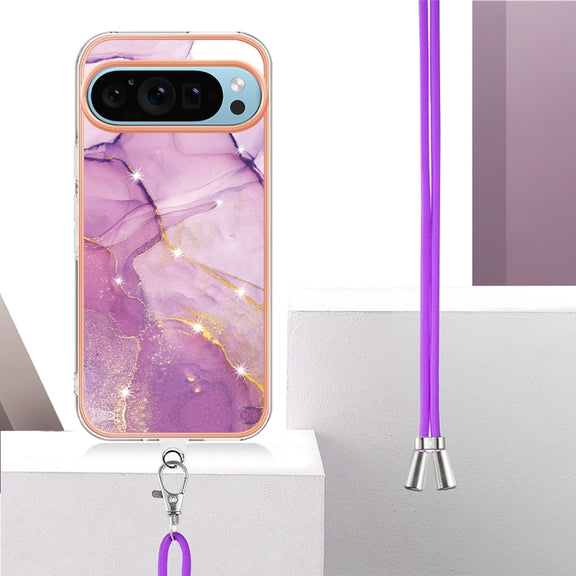 For Google Pixel 9 / 9 Pro Electroplating Marble Dual-side IMD Phone Case with Lanyard(Purple 001)