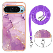 For Google Pixel 9 / 9 Pro Electroplating Marble Dual-side IMD Phone Case with Lanyard(Purple 001)
