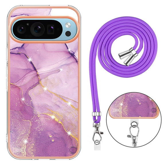 For Google Pixel 9 / 9 Pro Electroplating Marble Dual-side IMD Phone Case with Lanyard(Purple 001)
