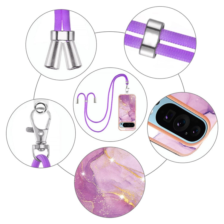 For Google Pixel 9 / 9 Pro Electroplating Marble Dual-side IMD Phone Case with Lanyard(Purple 001)