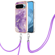 For Google Pixel 9 / 9 Pro Electroplating Marble Dual-side IMD Phone Case with Lanyard(Purple 002)