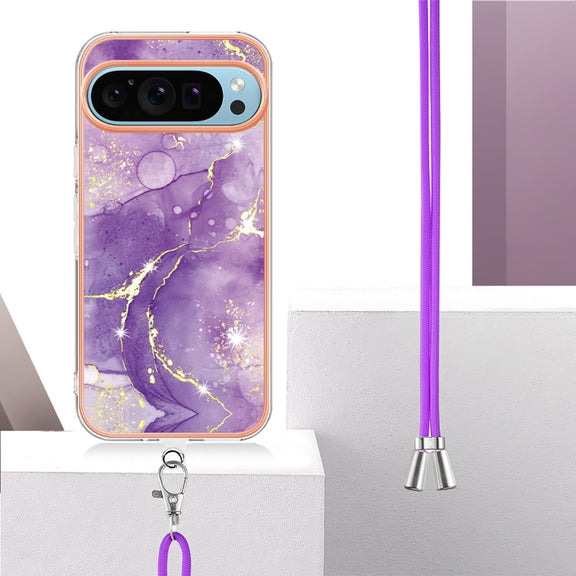 For Google Pixel 9 / 9 Pro Electroplating Marble Dual-side IMD Phone Case with Lanyard(Purple 002)