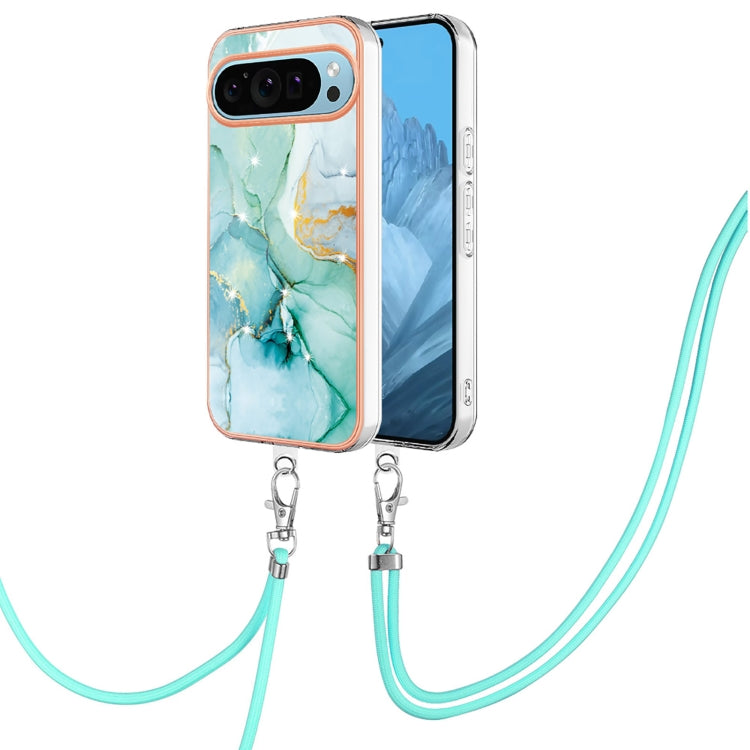 For Google Pixel 9 / 9 Pro Electroplating Marble Dual-side IMD Phone Case with Lanyard(Green 003)