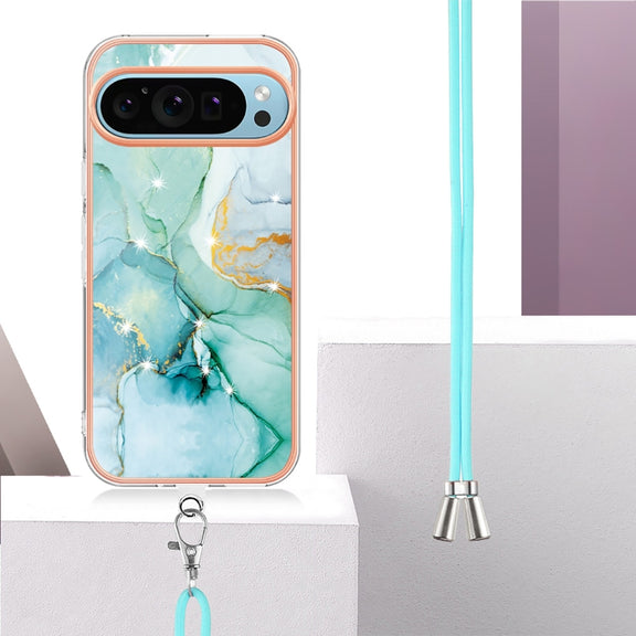 For Google Pixel 9 / 9 Pro Electroplating Marble Dual-side IMD Phone Case with Lanyard(Green 003)