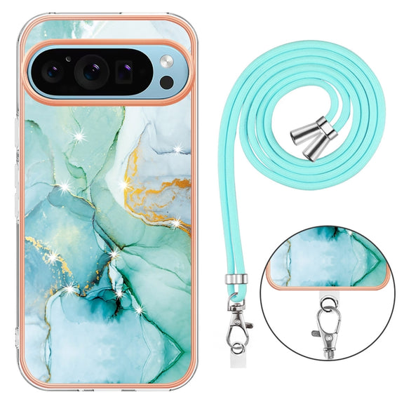For Google Pixel 9 / 9 Pro Electroplating Marble Dual-side IMD Phone Case with Lanyard(Green 003)