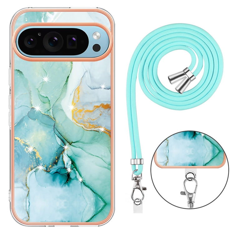 For Google Pixel 9 / 9 Pro Electroplating Marble Dual-side IMD Phone Case with Lanyard(Green 003)