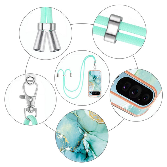 For Google Pixel 9 / 9 Pro Electroplating Marble Dual-side IMD Phone Case with Lanyard(Green 003)