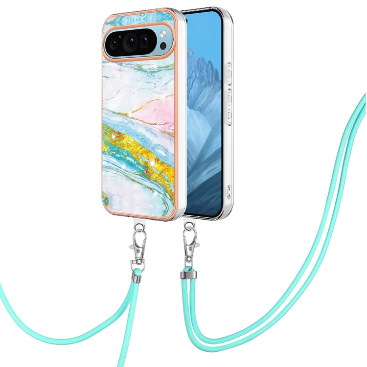 For Google Pixel 9 / 9 Pro Electroplating Marble Dual-side IMD Phone Case with Lanyard(Green 004)