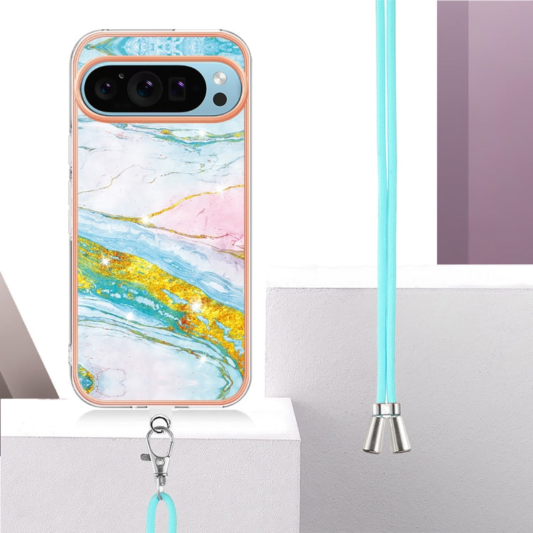 For Google Pixel 9 / 9 Pro Electroplating Marble Dual-side IMD Phone Case with Lanyard(Green 004)