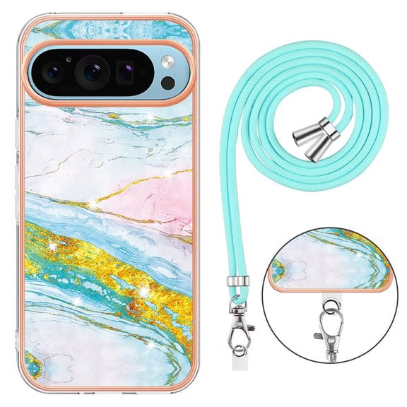 For Google Pixel 9 / 9 Pro Electroplating Marble Dual-side IMD Phone Case with Lanyard(Green 004)