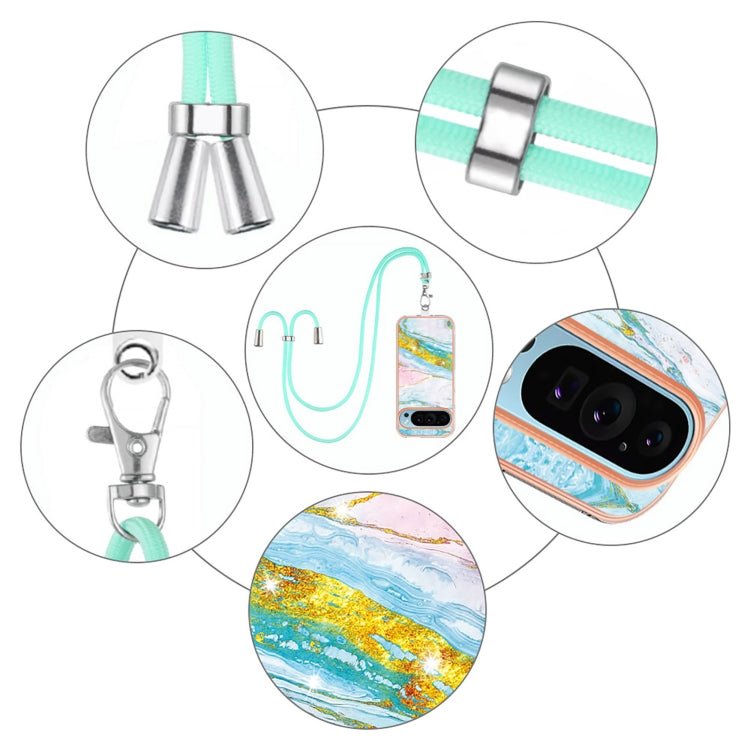 For Google Pixel 9 / 9 Pro Electroplating Marble Dual-side IMD Phone Case with Lanyard(Green 004)