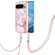 For Google Pixel 9 / 9 Pro Electroplating Marble Dual-side IMD Phone Case with Lanyard(Rose Gold 005)