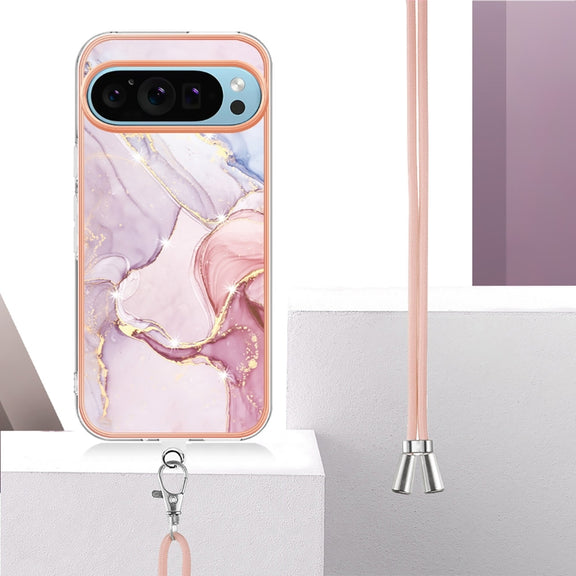 For Google Pixel 9 / 9 Pro Electroplating Marble Dual-side IMD Phone Case with Lanyard(Rose Gold 005)