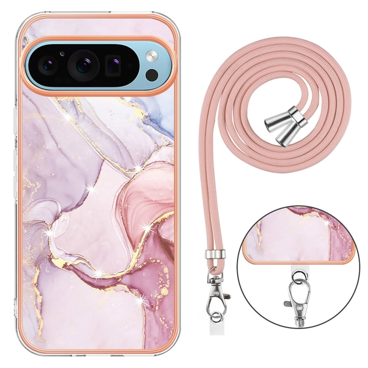 For Google Pixel 9 / 9 Pro Electroplating Marble Dual-side IMD Phone Case with Lanyard(Rose Gold 005)