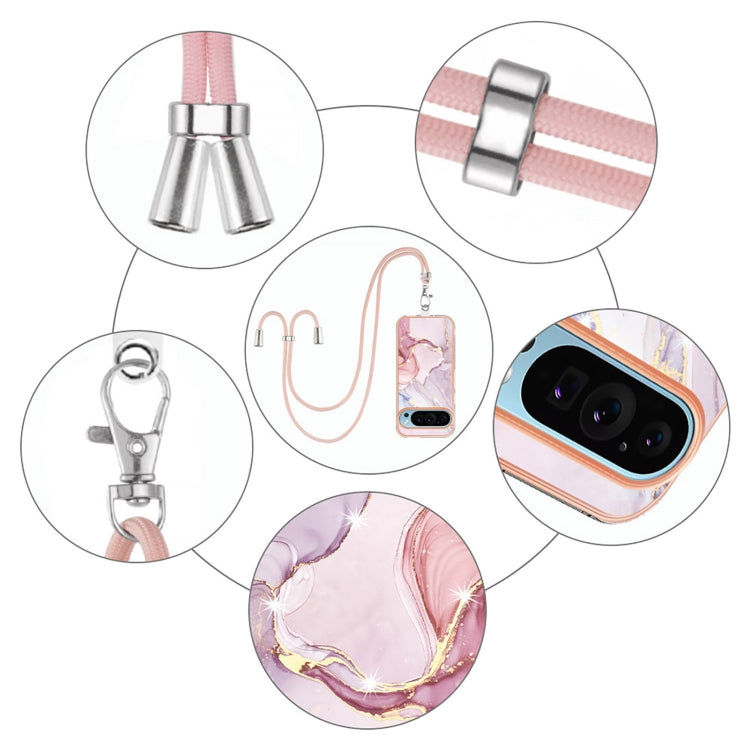 For Google Pixel 9 / 9 Pro Electroplating Marble Dual-side IMD Phone Case with Lanyard(Rose Gold 005)