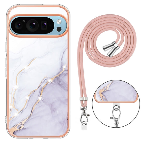 For Google Pixel 9 / 9 Pro Electroplating Marble Dual-side IMD Phone Case with Lanyard(White 006)