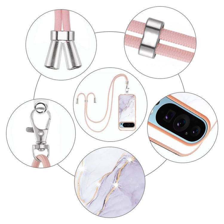 For Google Pixel 9 / 9 Pro Electroplating Marble Dual-side IMD Phone Case with Lanyard(White 006)