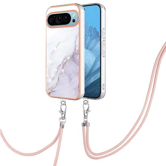 For Google Pixel 9 / 9 Pro Electroplating Marble Dual-side IMD Phone Case with Lanyard(White 006)