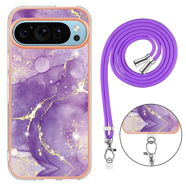 For Google Pixel 9 Pro XL Electroplating Marble Dual-side IMD Phone Case with Lanyard(Purple 002)