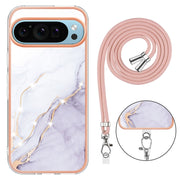 For Google Pixel 9 Pro XL Electroplating Marble Dual-side IMD Phone Case with Lanyard(White 006)