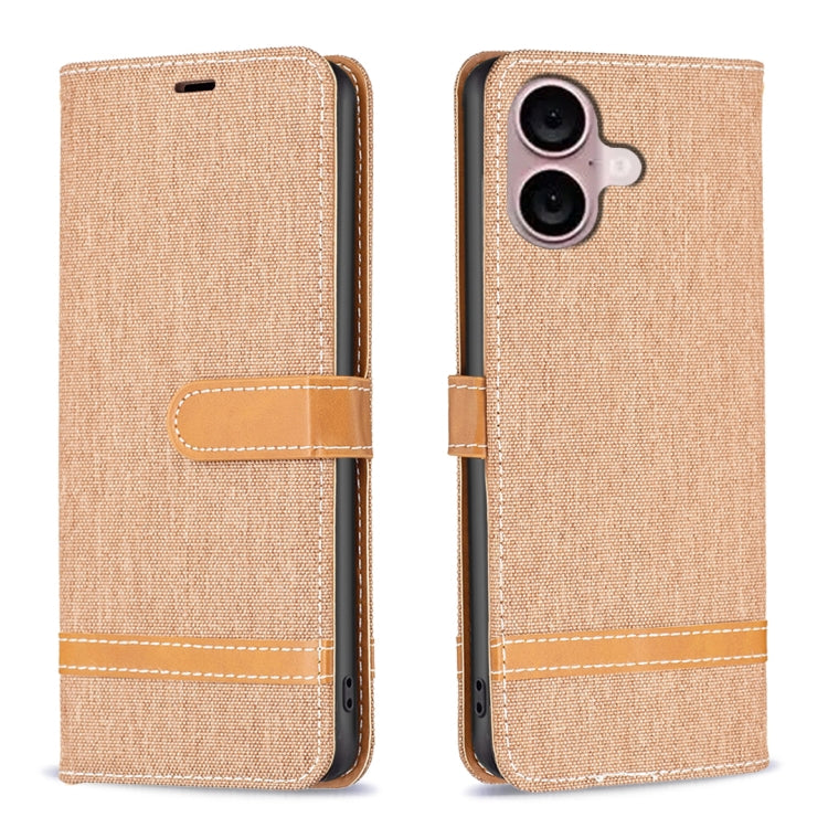 For iPhone 16 Color Block Denim Texture Leather Phone Case(Brown)