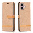 For iPhone 16 Color Block Denim Texture Leather Phone Case(Brown) - iPhone 16 Cases by PMC TechLife | Online Shopping South Africa | PMC TechLife | Buy Now Pay Later Mobicred