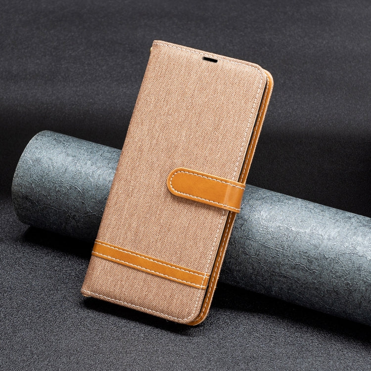 For iPhone 16 Color Block Denim Texture Leather Phone Case(Brown)