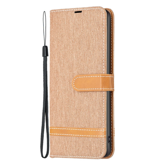 For iPhone 16 Color Block Denim Texture Leather Phone Case(Brown)