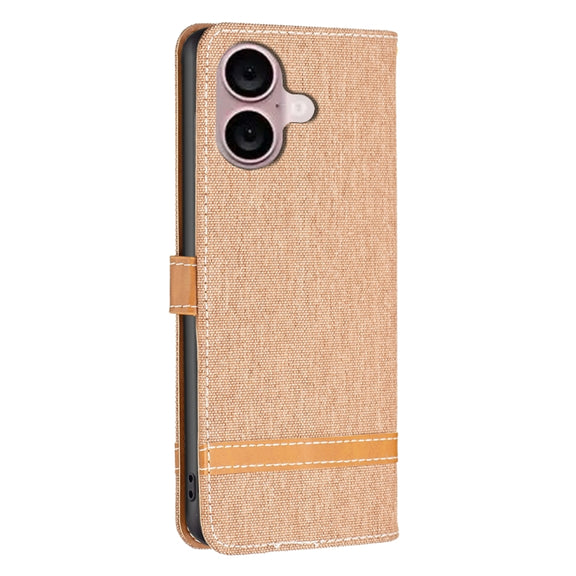 For iPhone 16 Color Block Denim Texture Leather Phone Case(Brown)