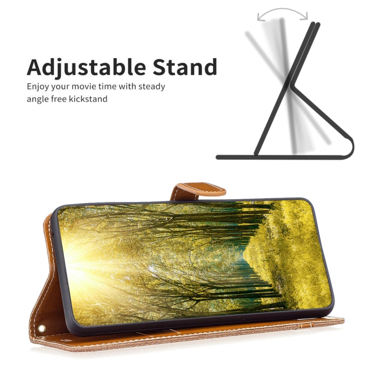 For iPhone 16 Color Block Denim Texture Leather Phone Case(Brown)