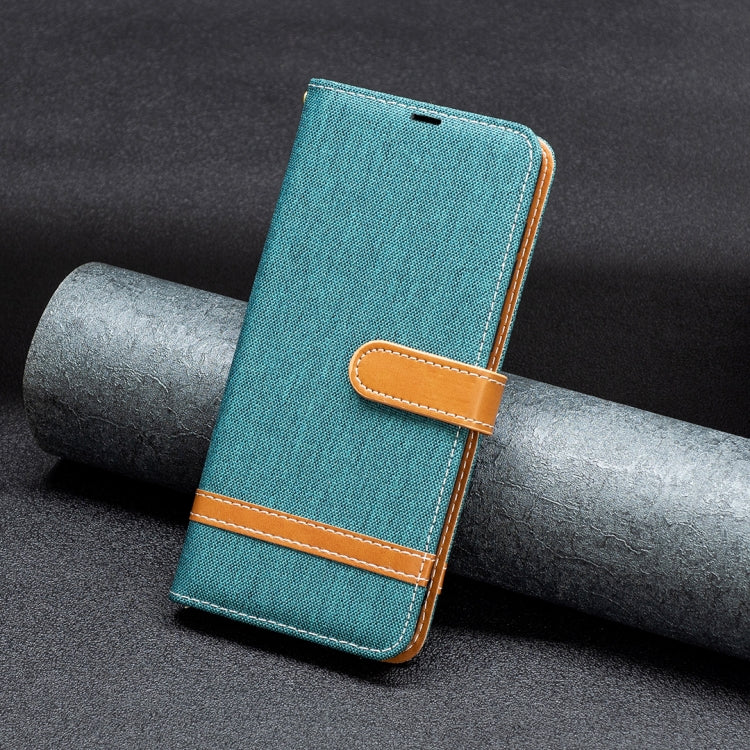 For iPhone 16 Plus Color Block Denim Texture Leather Phone Case(Green)