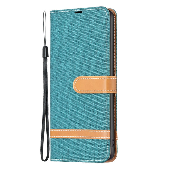 For iPhone 16 Plus Color Block Denim Texture Leather Phone Case(Green)