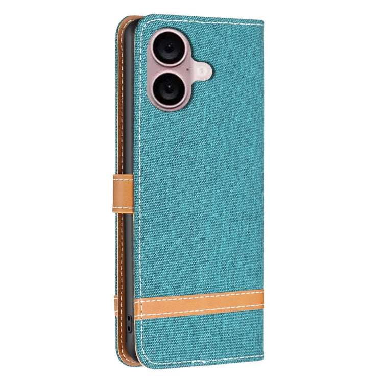 For iPhone 16 Plus Color Block Denim Texture Leather Phone Case(Green)