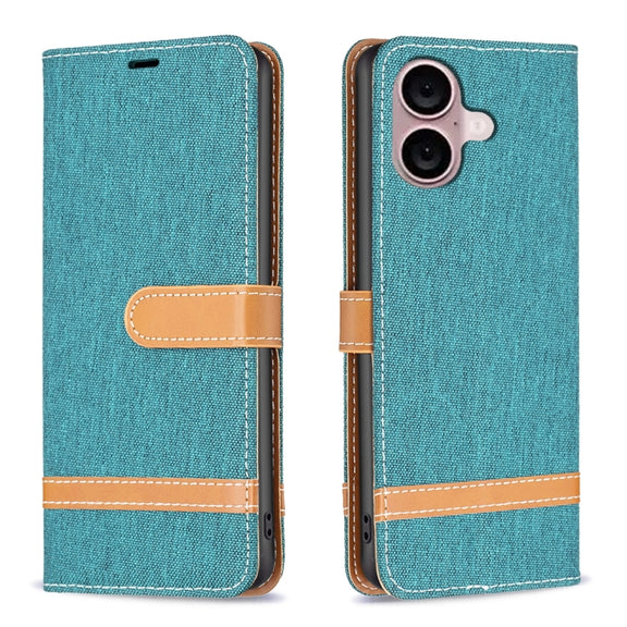 For iPhone 16 Plus Color Block Denim Texture Leather Phone Case(Green)