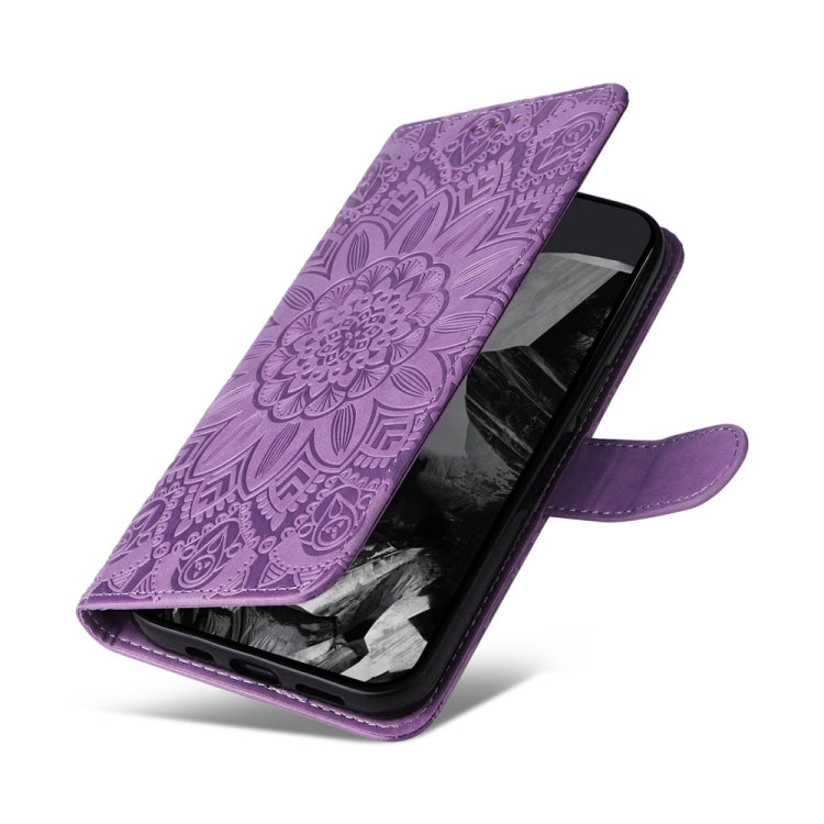 For Google Pixel 9 Pro Embossed Sunflower Leather Phone Case(Purple)