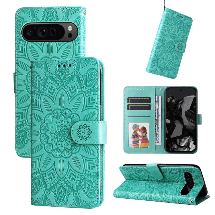 For Google Pixel 9 Pro Embossed Sunflower Leather Phone Case(Green)