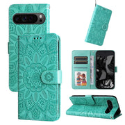 For Google Pixel 9 Pro Embossed Sunflower Leather Phone Case(Green)
