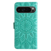 For Google Pixel 9 Pro Embossed Sunflower Leather Phone Case(Green)