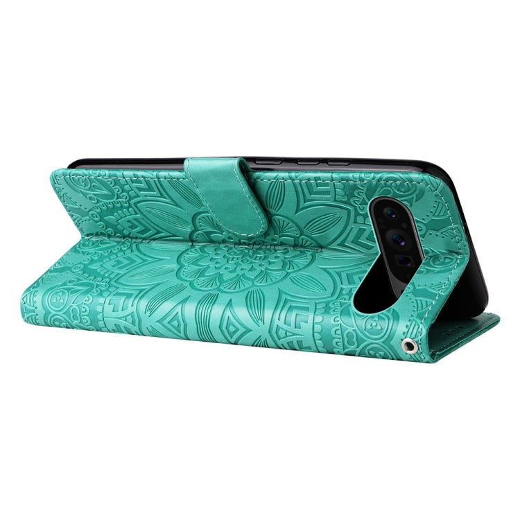 For Google Pixel 9 Pro Embossed Sunflower Leather Phone Case(Green)