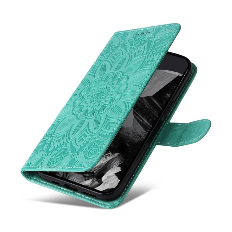 For Google Pixel 9 Pro Embossed Sunflower Leather Phone Case(Green)