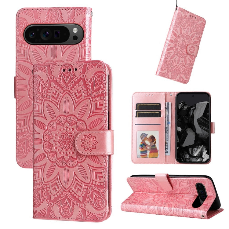 For Google Pixel 9 Pro Embossed Sunflower Leather Phone Case(Rose Gold)