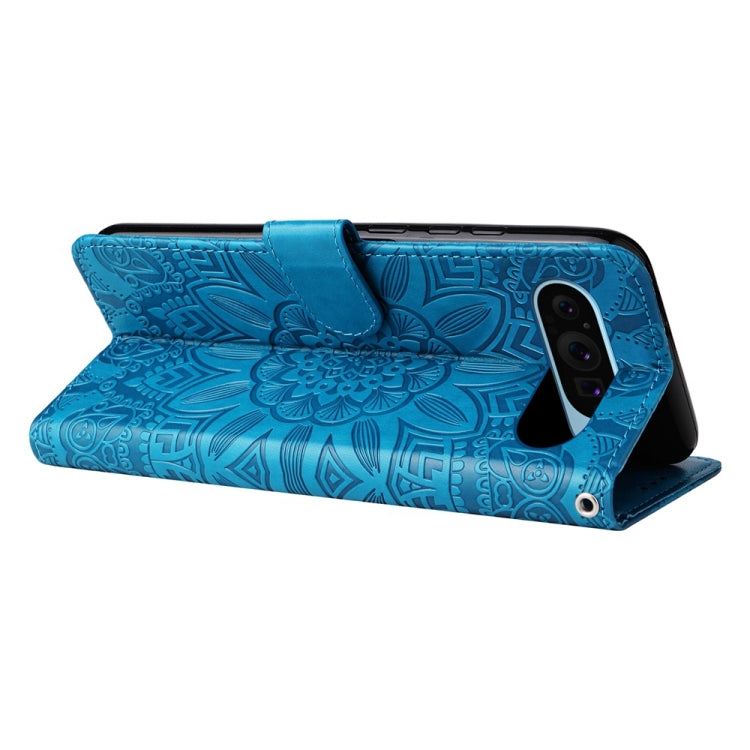 For Google Pixel 9 Embossed Sunflower Leather Phone Case(Blue)